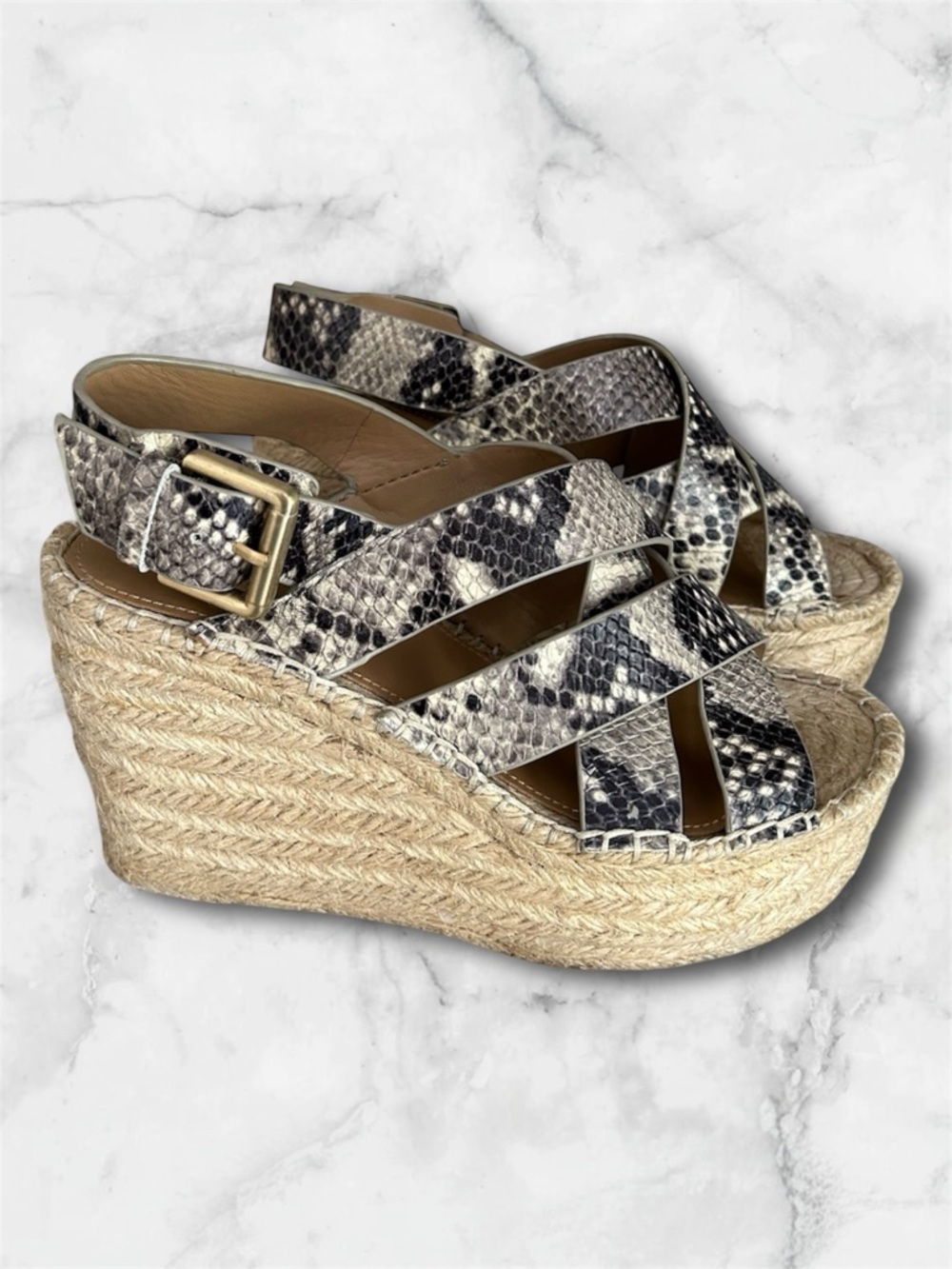 Marc Fisher Platform Espadrille Wedge Leather Snakeskin Sandals Size 6 - Picture 4 of 14